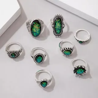 8 pcs Vintage Black Opal Stone Geometric Knuckle Ring Set
